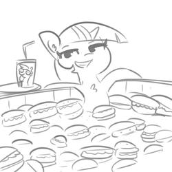 Size: 1650x1650 | Tagged: safe, artist:tjpones, twilight sparkle, pony, unicorn, g4, black and white, burger, chest fluff, drink, fast food, female, food, grayscale, hay burger, lineart, mare, monochrome, simple background, smiling, smug, solo, swimming pool, twilight burgkle, unicorn twilight, wat, white background