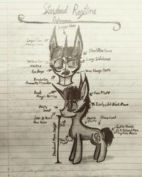 Size: 1080x1350 | Tagged: safe, artist:antique1899, oc, oc only, oc:ragtime melody, pony, unicorn, monochrome, reference sheet, sharp teeth, teeth, traditional art