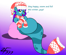 Size: 1280x1077 | Tagged: safe, artist:zeldafan777, oc, oc:glacia, merpony, pony, adorafatty, belly, big belly, christmas, clothes, cushion, cute, fat, female, fetish, hat, holiday, mare, mittens, open mouth, santa hat, scarf, talking to viewer, winter