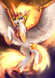Size: 2480x3508 | Tagged: safe, artist:shu-jeantte, daybreaker, alicorn, pony, g4, armor, female, high res, jewelry, magic, mare, open mouth, regalia, solo, wing armor, wings