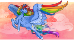 Size: 2443x1340 | Tagged: safe, artist:cigarscigarettes, rainbow dash, pegasus, pony, g4, cloud, colored hooves, colored wings, digital art, female, flying, mare, smiling, solo, spread wings, wings