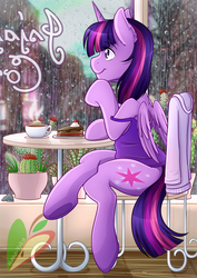 Size: 2480x3507 | Tagged: safe, artist:nana-yuka, twilight sparkle, alicorn, pony, g4, cactus, cake, chair, clothes, coffee, cup, female, food, high res, human shoulders, mare, rain, sitting, smiling, solo, table, twilight sparkle (alicorn), window
