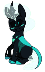 Size: 583x925 | Tagged: safe, artist:taaffeiite, oc, oc only, oc:soul the changeling, changedling, changeling, :3, black sclera, blue changeling, blushing, changedling oc, changeling oc, cute, cute little fangs, cuteling, fangs, female, looking at you, mare, ocbetes, raised hoof, simple background, sitting, smiling, solo, sparkles, transparent background