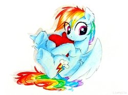 Size: 2055x1541 | Tagged: safe, artist:liaaqila, rainbow dash, pony, g4, cute, female, heart, hug, looking at you, on back, simple background, solo, traditional art, white background