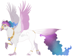 Size: 1605x1243 | Tagged: safe, artist:bijutsuyoukai, oc, oc only, oc:elysian, classical hippogriff, hippogriff, hybrid, crack ship offspring, ethereal mane, interspecies offspring, jewelry, magical lesbian spawn, offspring, parent:gilda, parent:princess celestia, raised claw, regalia, simple background, solo, transparent background