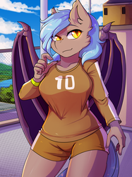 Size: 2424x3245 | Tagged: safe, artist:hakkids2, oc, oc only, oc:moon bloom, bat pony, anthro, adorasexy, bat pony oc, clothes, cute, female, high res, sexy, shorts, solo, ych result