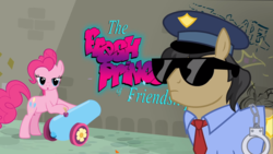 Size: 1920x1080 | Tagged: safe, pinkie pie, earth pony, pony, g4, fresh princess of friendship, lidded eyes, party cannon, police, police officer, this will end in jail time, vandalism