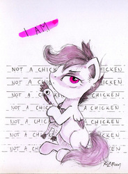 Size: 881x1200 | Tagged: safe, artist:lailyren, scootaloo, bird, chicken, pegasus, pony, g4, female, filly, inktober, rubber chicken, scootachicken, scootaloo is not a chicken, solo