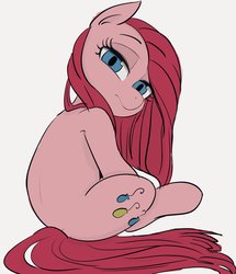 Size: 958x1113 | Tagged: safe, artist:manachaaaaaaaa, pinkie pie, earth pony, pony, g4, female, human shoulders, lidded eyes, looking at you, looking back, looking back at you, mare, pinkamena diane pie, sitting, solo