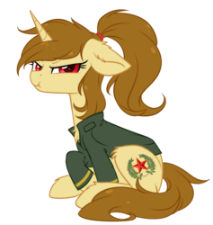 Size: 2974x3138 | Tagged: safe, alternate version, artist:scarlet-spectrum, oc, oc only, oc:katya ironstead, alicorn, pony, alicorn oc, chest fluff, clothes, ear fluff, female, hairband, high res, jacket, leg fluff, lidded eyes, looking at you, mare, pouting, simple background, sitting, solo, transparent background, ych result