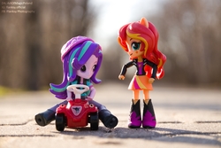 Size: 6024x4020 | Tagged: safe, artist:artofmagicpoland, starlight glimmer, sunset shimmer, equestria girls, g4, doll, equestria girls minis, eqventures of the minis, female, irl, photo, silly human, toy, toy car, wat