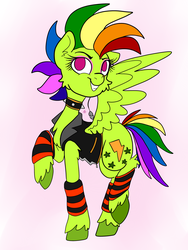 Size: 3000x4000 | Tagged: safe, artist:katyusha, oc, oc only, oc:ripperdash, pegasus, pony, clothes, collar, edgy, edgy as fuck, female, fluffy, hooves, jacket, leg warmers, makeup, mare, piercing, rainbow hair, solo, spiked collar