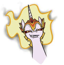 Size: 641x659 | Tagged: safe, artist:jargon scott, daybreaker, alicorn, pony, g4, angry, bust, fangs, female, jewelry, looking at you, mane of fire, mare, regalia, simple background, sneer, solo, white background