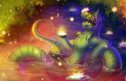 Size: 1000x643 | Tagged: safe, artist:limreiart, oc, oc only, lamia, original species, chest fluff, color porn, female, flower, looking at you, lotus (flower), mare, smiling, water, waterlily