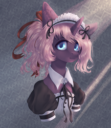 Size: 2000x2300 | Tagged: safe, artist:rinioshi, artist:wopphank, oc, oc only, oc:amelie ross, pony, unicorn, bust, clothes, high res, looking at you, maid, ponytail, solo