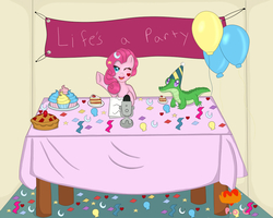 Size: 1024x819 | Tagged: safe, artist:princessofcompassion, gummy, pinkie pie, ask pinkie pie, g4, a, balloon, banner, cake, confetti, cupcake, food, life's, microphone, party, pie, table