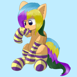 Size: 3072x3072 | Tagged: safe, artist:ppptly, oc, oc only, oc:program mouse, pegasus, pony, biting, clothes, female, high res, simple background, socks, solo, striped socks