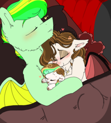 Size: 2799x3100 | Tagged: safe, artist:myfantasy08, oc, oc:creamy echonnus, oc:equino echonnus, oc:lemony echonnus, bat pony, pony, succubus, alternate hairstyle, apple, apple collar, bat wings, bed, blushing, chest fluff, colored wings, couple, cute, dad, daughter, ear fluff, female, filly, food, freckles, golden apple, heart, heart pillow, high res, hoof fluff, horns, king, lemino, married couple, mom, multicolored mane, multicolored tail, multicolored wings, natural makeup, neck fluff, offspring, parent:oc:equino echonnus, parent:oc:lemony echonnus, parents:lemino, parents:oc x oc, pillow, queen, sleeping together, smiling, tongue out, trio, under blanket, wings