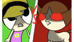 Size: 1334x750 | Tagged: safe, artist:undeadponysoldier, oc, oc only, oc:demonick, oc:nick, human, crossover, mandy, split screen, the grim adventures of billy and mandy, vs