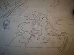 Size: 1440x1080 | Tagged: safe, artist:damiranc1, thorax, twilight sparkle, alicorn, changedling, changeling, pony, g4, antlers, barrel, corpse, crying, dead, female, king thorax, male, mare, monochrome, ocean, shipping, straight, titanic, traditional art, twilight sparkle (alicorn), twirax