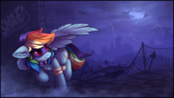 Size: 1600x900 | Tagged: safe, artist:breakdream, rainbow dash, pegasus, pony, g4, :p, bandage, city, female, fence, full moon, mare, moon, night, running, silly, solo, tongue out, visor