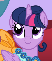Size: 739x864 | Tagged: safe, screencap, twilight sparkle, alicorn, pony, g4, make new friends but keep discord, alternate hairstyle, clothes, cropped, cute, dress, female, folded wings, gala dress, hair bun, looking up, smiling, solo focus, twiabetes, twilight sparkle (alicorn), wings