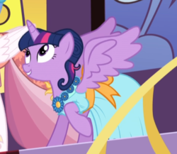 Size: 616x534 | Tagged: safe, screencap, princess celestia, twilight sparkle, alicorn, pony, g4, make new friends but keep discord, alternate hairstyle, clothes, cropped, dress, female, gala dress, looking up, offscreen character, raised hoof, solo focus, spread wings, twilight sparkle (alicorn), wings