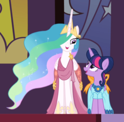 Size: 807x793 | Tagged: safe, screencap, princess celestia, twilight sparkle, alicorn, pony, g4, make new friends but keep discord, alternate hairstyle, clothes, cropped, dress, duo, female, gala dress, gown, looking at each other, mare, open mouth, smiling, twilight sparkle (alicorn)