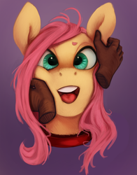 Size: 785x1000 | Tagged: safe, artist:derpyrider, fluttershy, pegasus, pony, g4, bust, collar, disembodied hand, female, femsub, flutterpet, fluttersub, hand, open mouth, petting, pony pet, solo, submissive