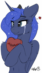Size: 3000x5085 | Tagged: safe, artist:arjinmoon, color edit, colorist:childofthenight, edit, editor:childofthenight, princess luna, alicorn, pony, g4, :3, :>, belly, belly button, bipedal, blush sticker, blushing, cheek fluff, colored, concave belly, crying, cute, ear fluff, female, floppy ears, happy, heart, high res, hoof hold, hug, leg fluff, lidded eyes, lunabetes, mare, shoulder fluff, signature, simple background, slender, smiling, solo, tears of joy, teary eyes, thin, white background