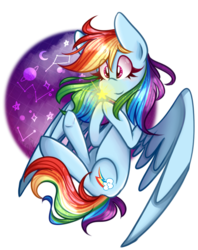 Size: 725x915 | Tagged: safe, artist:rainbowkittyy, rainbow dash, pegasus, pony, g4, constellation, cute, dashabetes, eye clipping through hair, eyebrows, eyebrows visible through hair, female, looking at something, moon, planet, solo, spread wings, stars, wings