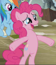 Size: 713x820 | Tagged: safe, screencap, pinkie pie, rainbow dash, earth pony, pegasus, pony, g4, the lost treasure of griffonstone, big smile, bipedal, cropped, female, mare, open mouth, smiling, solo focus, spread hooves, underhoof