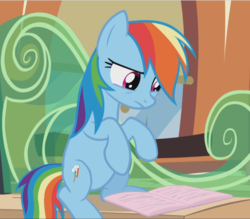 Size: 1073x940 | Tagged: safe, screencap, rainbow dash, pegasus, pony, g4, the lost treasure of griffonstone, animation error, book, cropped, female, looking down, mare, missing wing, reading, sitting, solo, wingless