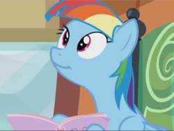 Size: 1250x940 | Tagged: safe, screencap, rainbow dash, pegasus, pony, g4, the lost treasure of griffonstone, alternate hairstyle, book, cropped, female, holding, mane swap, manebow sparkle, mare, smiling, solo