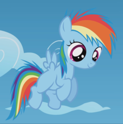 Size: 927x938 | Tagged: safe, screencap, rainbow dash, pegasus, pony, g4, the lost treasure of griffonstone, cropped, female, filly, filly rainbow dash, flying, smiling, solo, spread wings, wings, younger