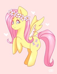 Size: 993x1280 | Tagged: safe, artist:octosprite, fluttershy, pegasus, pony, g4, cute, female, floral head wreath, flower, heart, pink background, shyabetes, simple background, solo, two toned wings