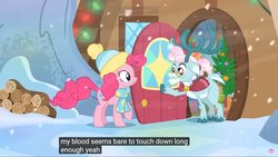 Size: 1920x1080 | Tagged: safe, edit, edited screencap, screencap, aurora the reindeer, pinkie pie, pony, g4, my little pony best gift ever, blood, caption, meme, touchdown, youtube caption