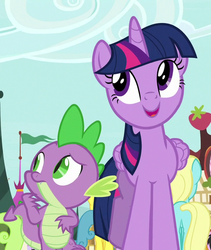 Size: 609x720 | Tagged: safe, screencap, lemon hearts, spike, twilight sparkle, alicorn, dragon, pony, g4, yakity-sax, baby dragon, cheerful, claws, concerned, cropped, cute, duo focus, female, folded wings, frown, ignorant, looking at someone, looking up, male, mare, raised eyebrow, slit pupils, smiling, talking, twiabetes, twilight sparkle (alicorn), walking, winged spike, wings