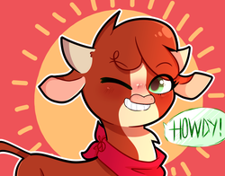 Size: 956x750 | Tagged: safe, artist:peachy-bon, arizona (tfh), cow, them's fightin' herds, arizonadorable, bandana, blushing, chest fluff, community related, cute, dialogue, female, howdies in the comments, howdy, one eye closed, one word, solo, speech bubble, wink