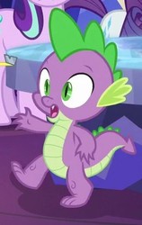 Size: 261x412 | Tagged: safe, screencap, rarity, spike, starlight glimmer, dragon, g4, school daze, claws, cropped, cutie map, male, offscreen character, raised leg, solo focus, tail