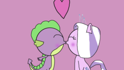 Size: 1334x750 | Tagged: safe, artist:undeadponysoldier, diamond tiara, spike, dragon, earth pony, pony, g4, blushing, duo, female, heart, kiss on the lips, kissing, love, male, pink background, ship:spiketiara, shipping, simple background, straight