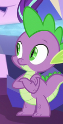 Size: 229x452 | Tagged: safe, screencap, spike, starlight glimmer, dragon, g4, school daze, claws, cropped, crossed arms, male, offscreen character, solo, tail