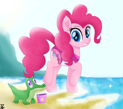 Size: 6200x5500 | Tagged: safe, artist:theretroart88, gummy, pinkie pie, pony, equestria girls, g4, my little pony equestria girls: better together, my little pony: the movie, beach, bucket, clothes, cute, duo, equestria girls outfit, equestria girls ponified, human pony pinkie pie, movie accurate, one-piece swimsuit, ponified, swimsuit, water