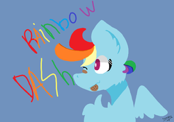 Size: 1146x806 | Tagged: safe, artist:sherbert, rainbow dash, pony, g4, bandage, caption, cookie, cookie in mouth, female, food, image macro, one eye closed, signature, solo, text, wink