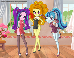 Size: 1078x856 | Tagged: safe, artist:charliexe, adagio dazzle, aria blaze, sonata dusk, equestria girls, g4, adoragio, adorasexy, ariabetes, cheongsam, clothes, cute, dress, female, flats, hand fan, indoors, legs, looking at you, one eye closed, pigtails, ponytail, schrödinger's pantsu, sexy, shoes, smiling, sonatabetes, stockings, the dazzlings, thigh highs, trio, trio female, twintails, wink, zettai ryouiki