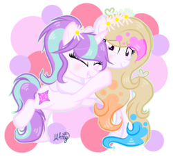 Size: 1526x1400 | Tagged: safe, artist:101xsplattyx101, oc, oc only, oc:spring splat, oc:twilight shimmer, pegasus, pony, unicorn, female, flower, flower in hair, hug, mare, simple background, transparent background