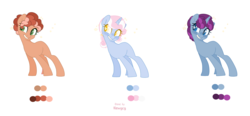 Size: 5584x2592 | Tagged: safe, artist:reading4halfmylife, oc, oc only, oc:cocoa swirl, oc:hokey pokey, oc:party drink, earth pony, pony, unicorn, base used, color palette, half-siblings, offspring, parent:cheese sandwich, parent:party favor, parent:pinkie pie, parent:pokey pierce, parents:cheesepie, parents:partypie, parents:pokeypie, simple background, smiling, sparkles, starry eyes, white background, wingding eyes