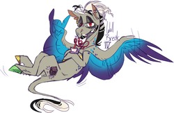 Size: 1230x801 | Tagged: safe, artist:eqq_scremble, discord, pegasus, pony, g4, beard, bendy straw, colored hooves, colored wings, crossed legs, cup, devil horn (gesture), drinking straw, eye bag, facial hair, floating eyebrows, leonine tail, male, meta, ponified, pony discord, silly straw, simple background, sipping, solo, stallion, teacup, tired eyes, white background, wing hands