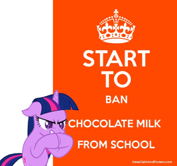 Size: 670x630 | Tagged: safe, edit, twilight sparkle, pony, g4, banned, chocolate, chocolate milk, everything is ruined, evil smile, grin, keep calm and carry on, milk, poster, pure unfiltered evil, school, smiling