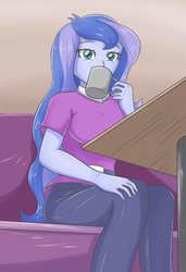 Size: 2119x3101 | Tagged: safe, artist:sumin6301, princess luna, vice principal luna, equestria girls, g4, clothes, cup, drink, drinking, female, high res, pants, shirt, sitting, solo, table
